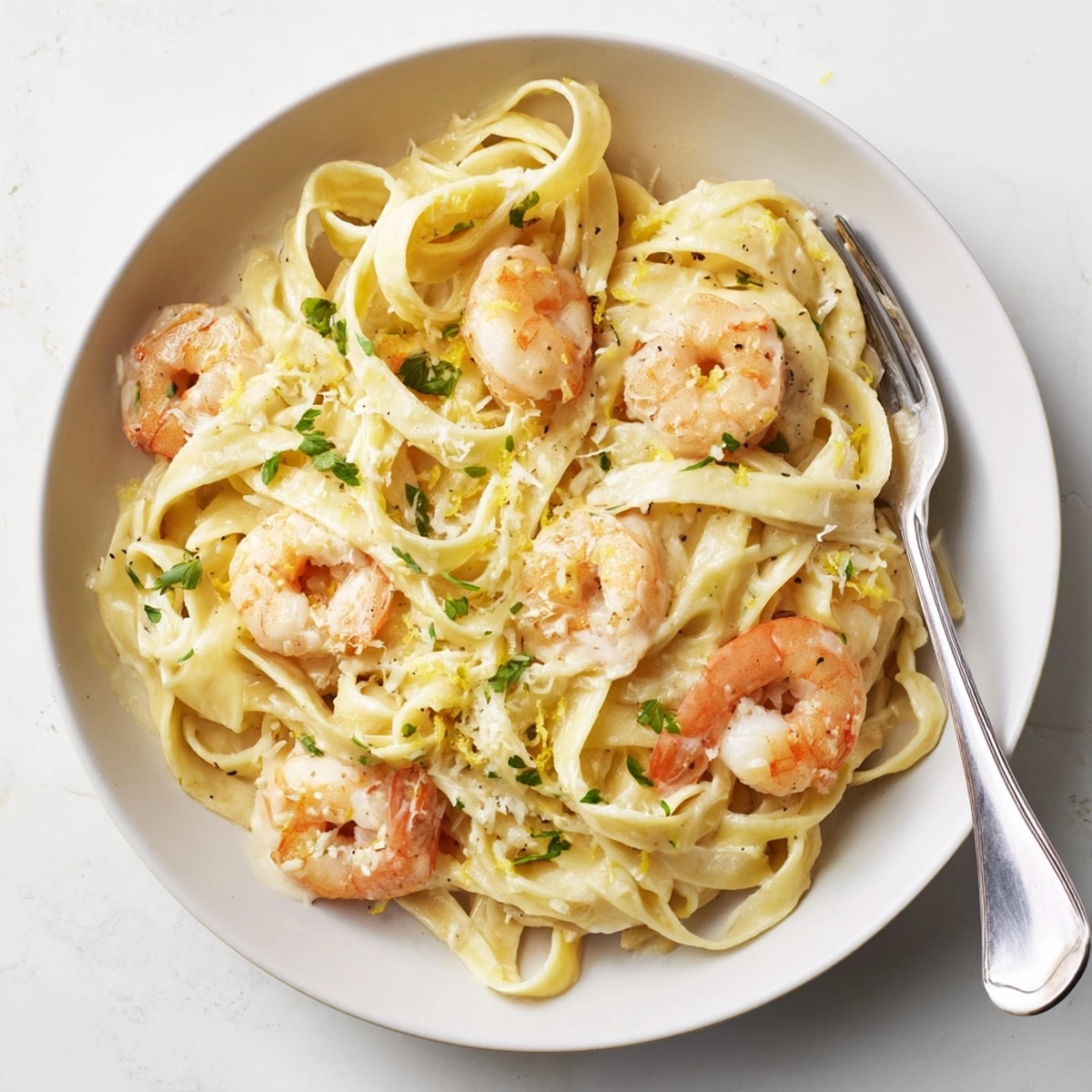 Creamy One-Pot Garlic Butter Shrimp Pasta shimmering in a skillet, ready to be devoured.