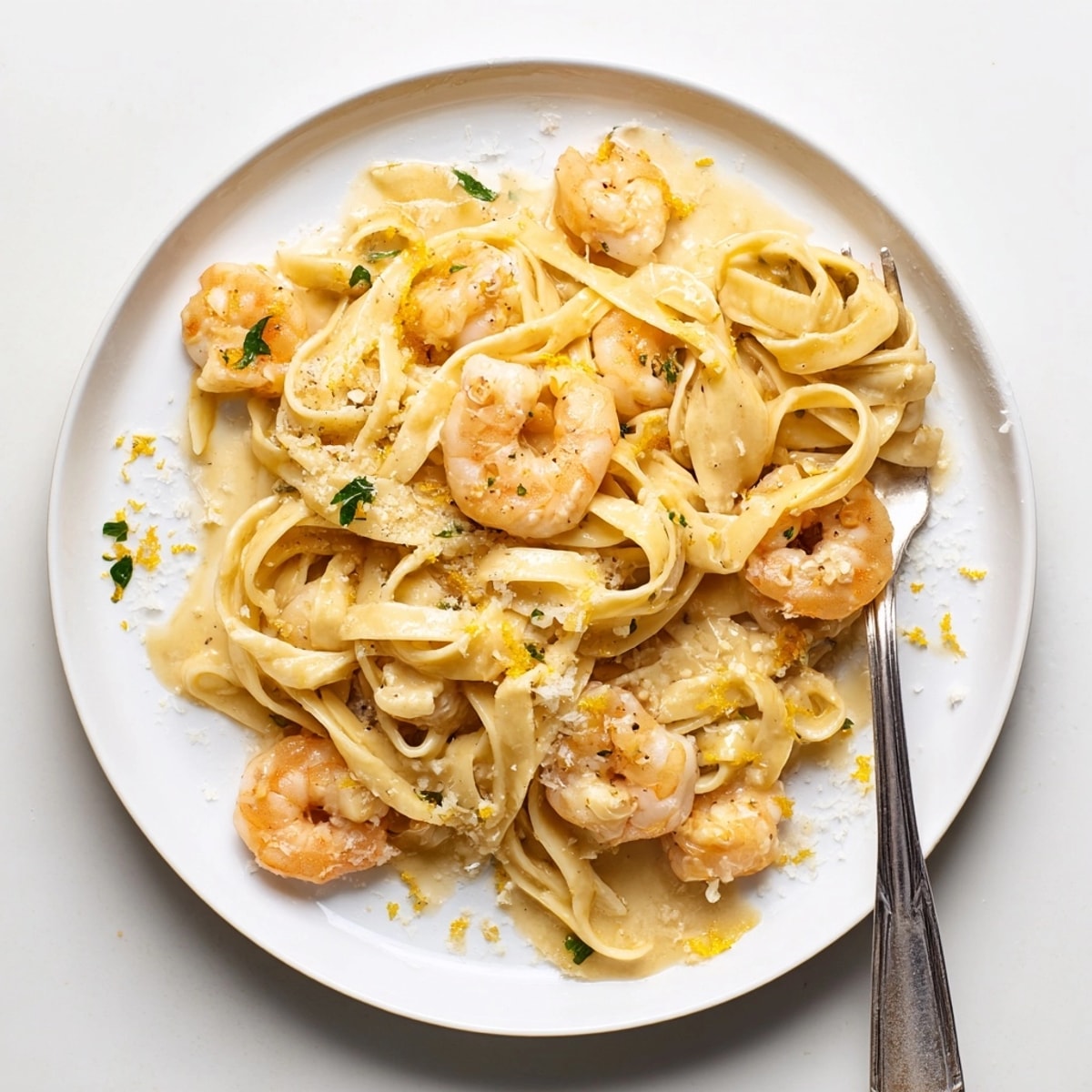 Making easy One-Pot Garlic Butter Shrimp Pasta: plump shrimp mingling with parmesan pasta.