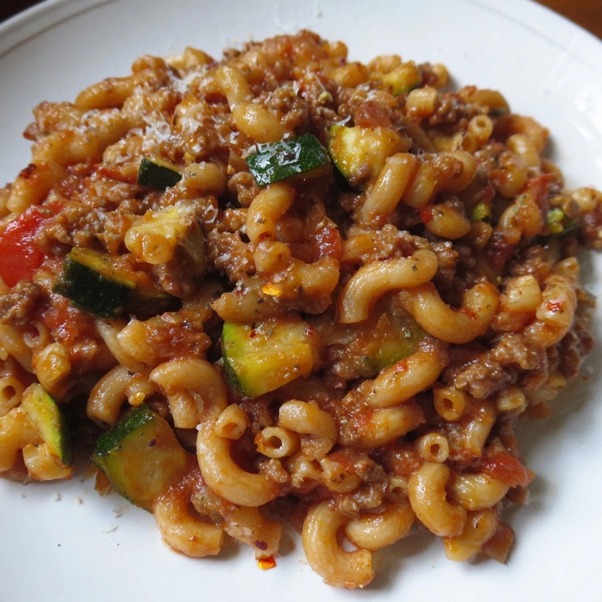 Healthy Beef Pasta picture shows it ready, topped with fresh herbs.