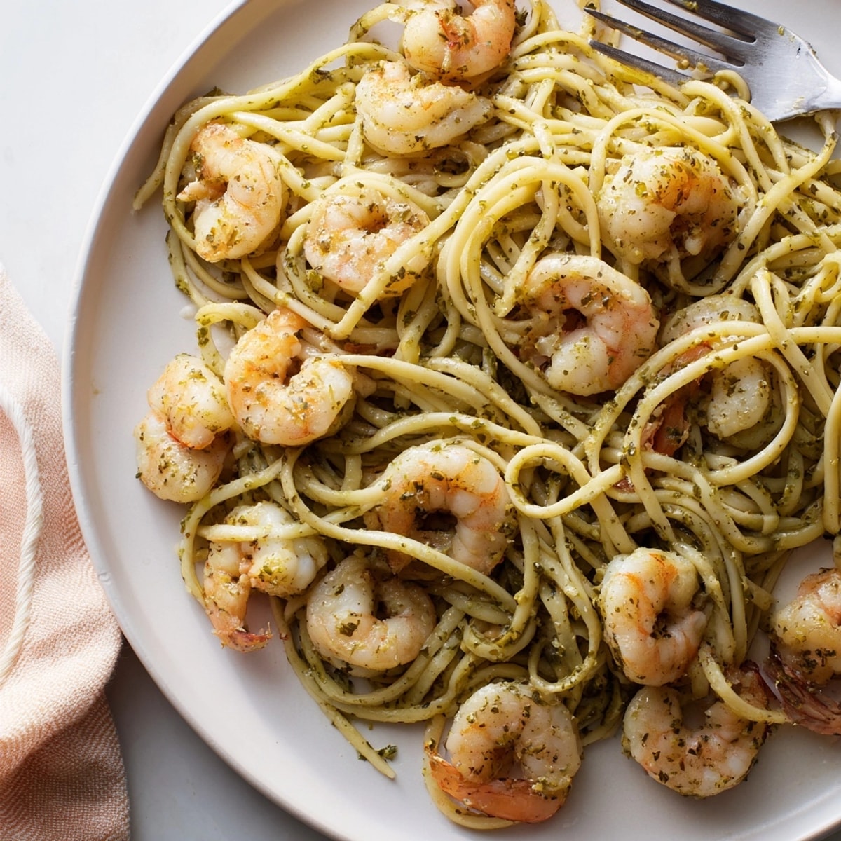 Creamy Herb Shrimp Linguine: View of perfectly plated pasta in rich, herbed cream sauce.