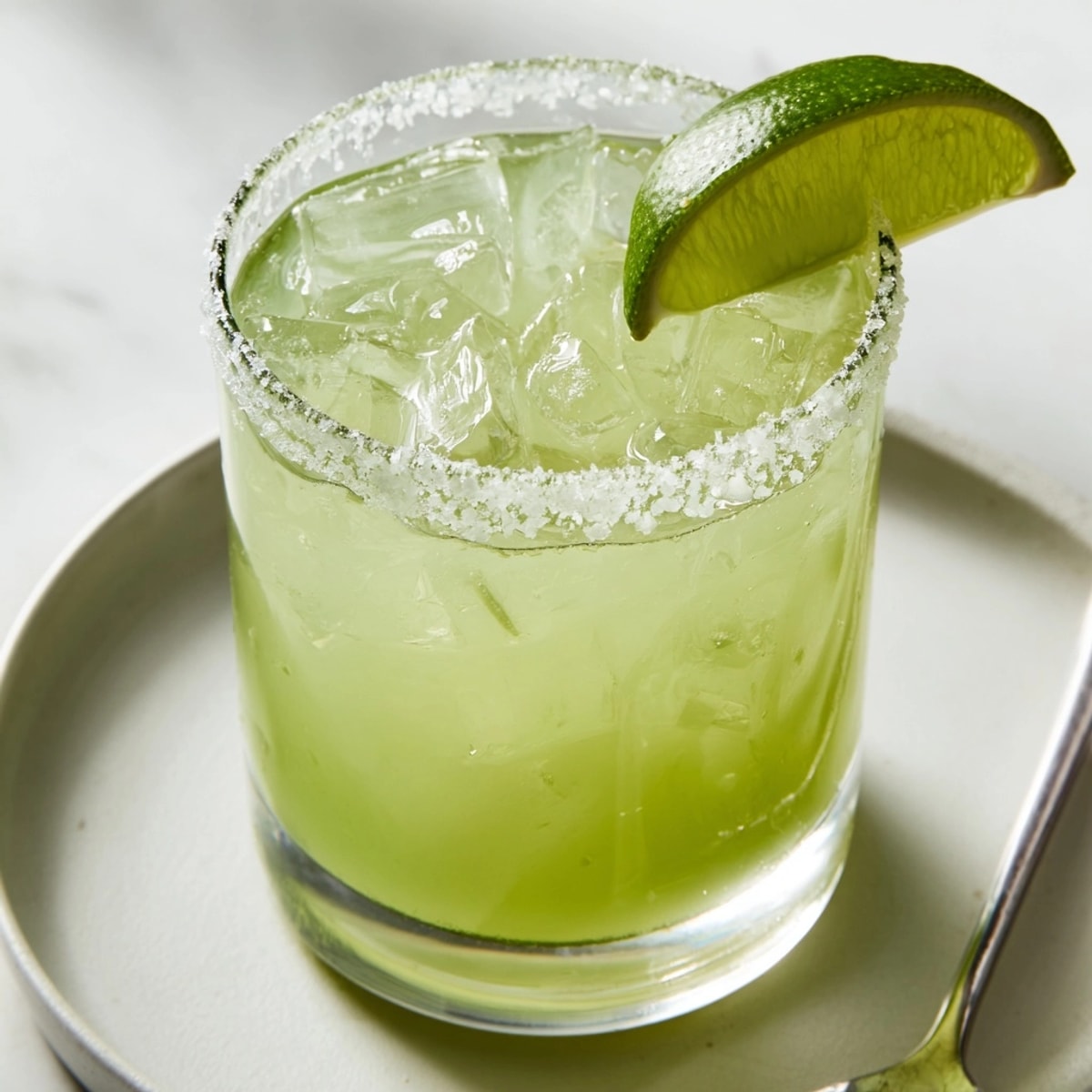 Salty rimmed classic margarita ready to sip; a tart, refreshing cocktail.