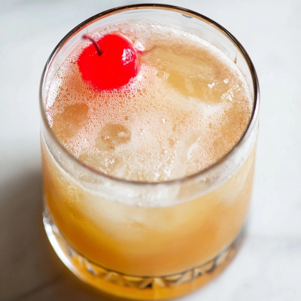 Whiskey Sour cocktail in a crystal glass with bright red maraschino cherry garnish.