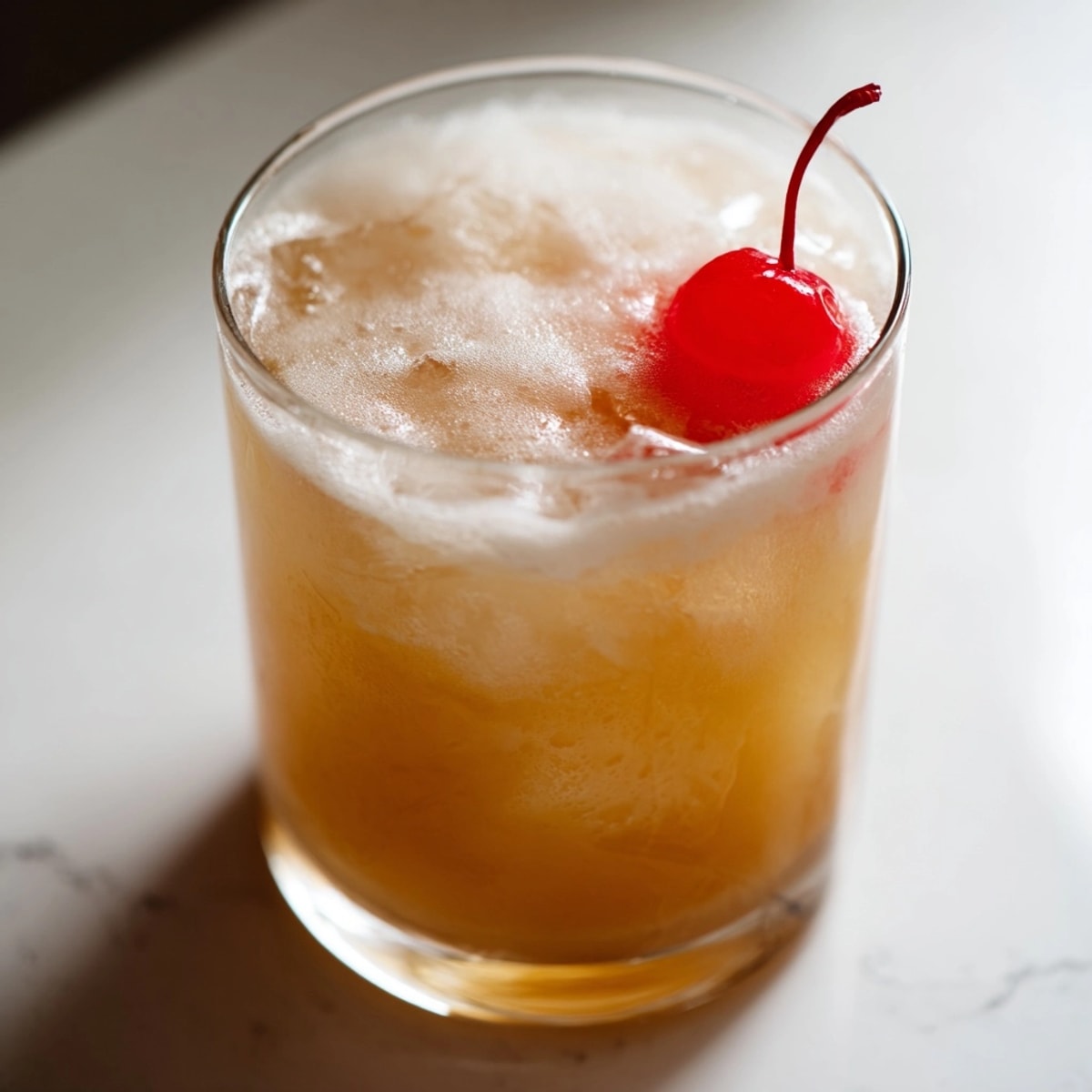 Frothy, tangy Whiskey Sour recipe: golden whiskey drink, lemon slice, ready to enjoy.