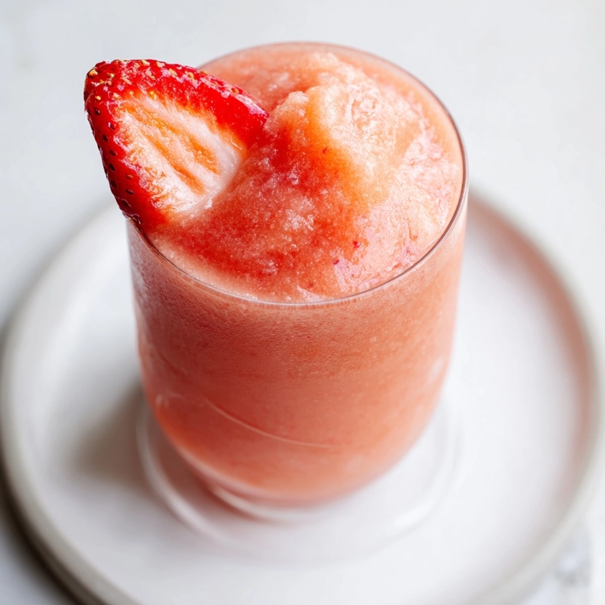 Homemade Strawberry Daiquiri, a vibrant red drink served icy cold in a stemmed glass.