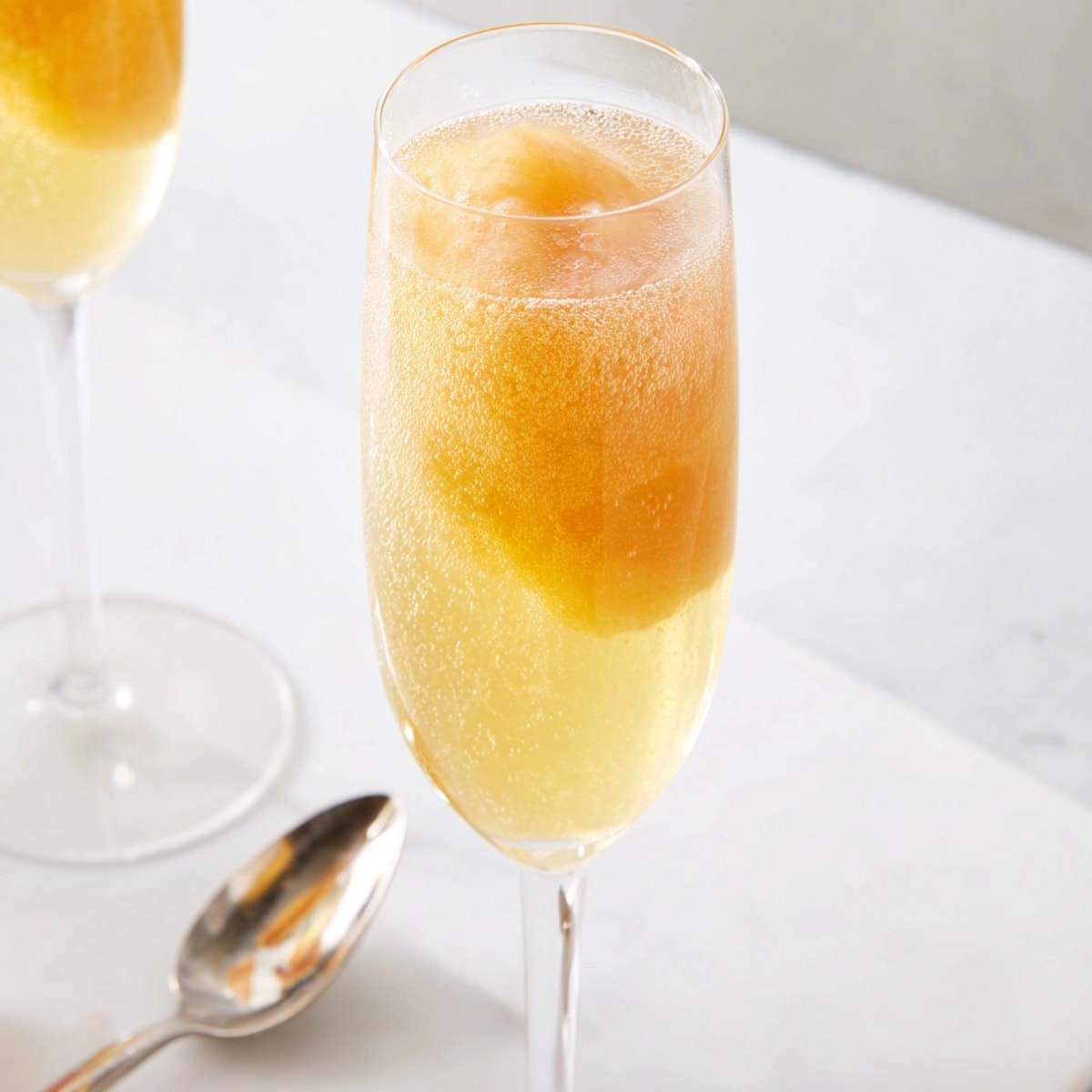 Frothy peach bellini cocktail in a flute, chilled bubbles and sweet summer fruit.