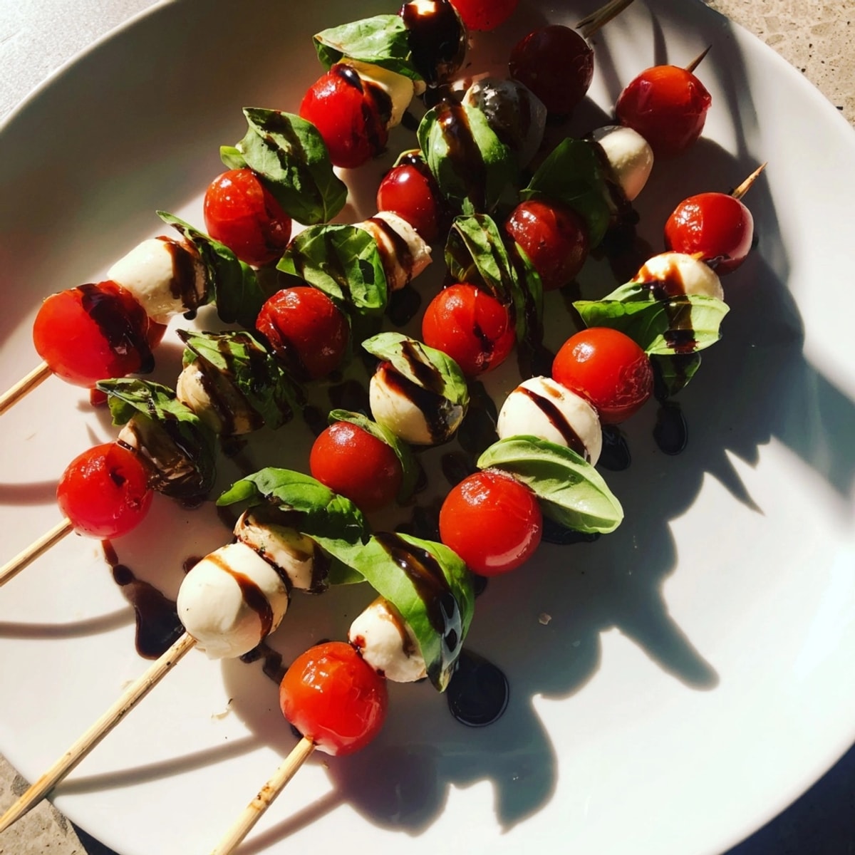 Mini Caprese Skewers: Bright cherry tomatoes and creamy mozzarella drizzled with sweet balsamic glaze.