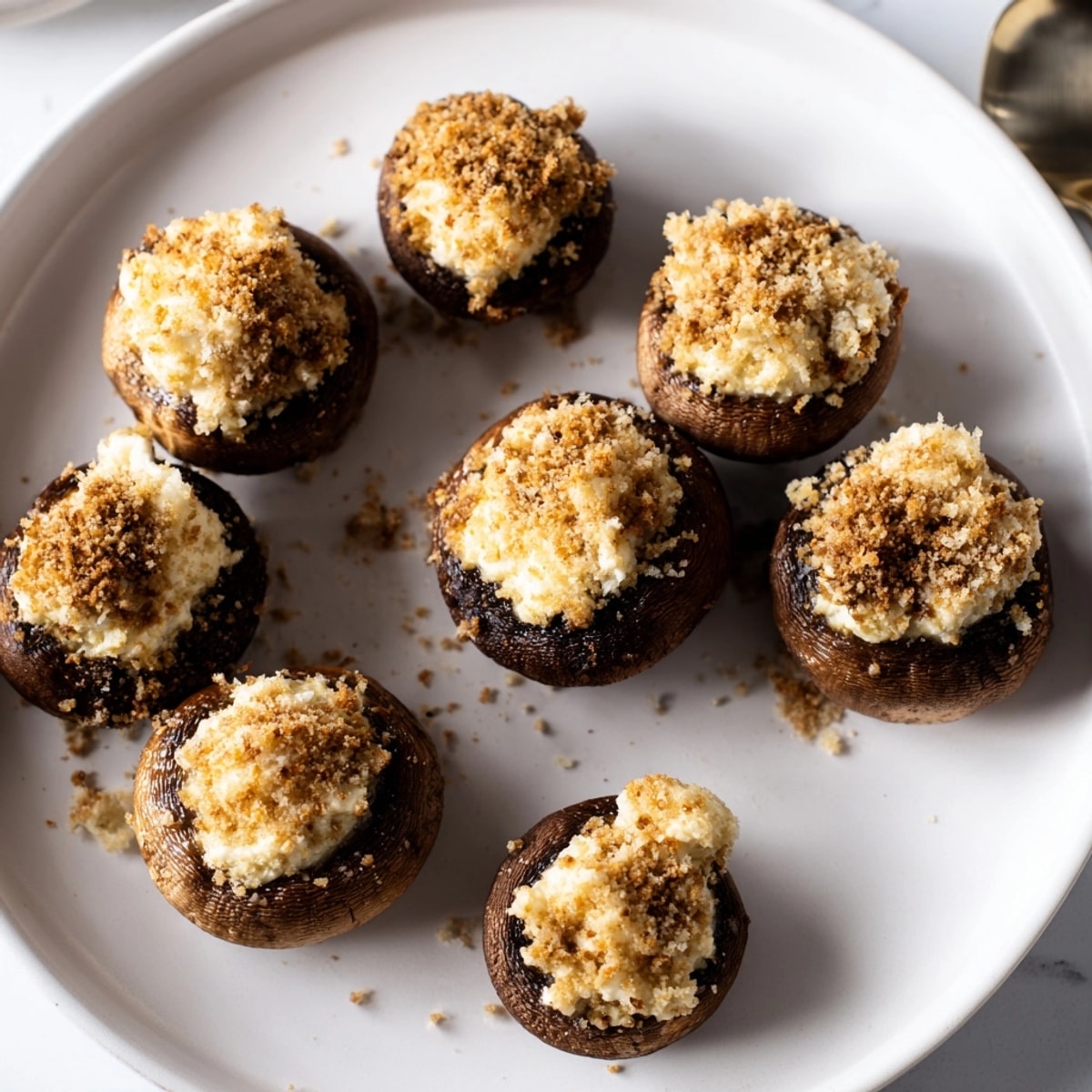 Golden brown, baked Stuffed Mushrooms recipe: a savory, cheesy appetizer or side dish.