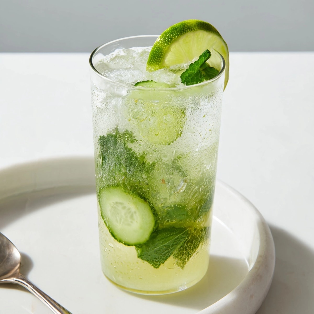 Refreshing Cucumber Mint Cooler recipe: vibrant green hues with ice, lime wedge.