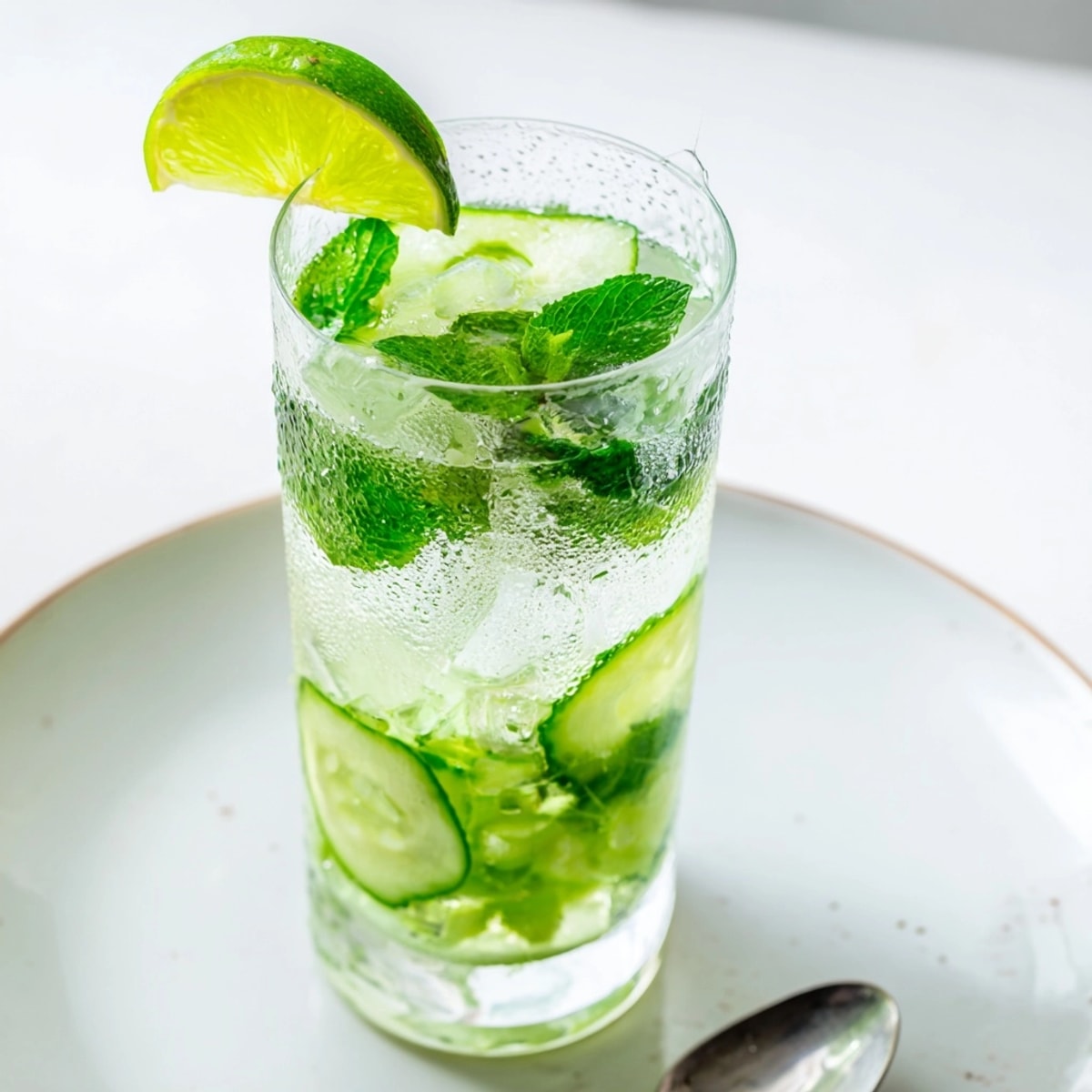Icy, homemade Cucumber Mint Cooler recipe sparkles, a perfect summertime thirst quencher.