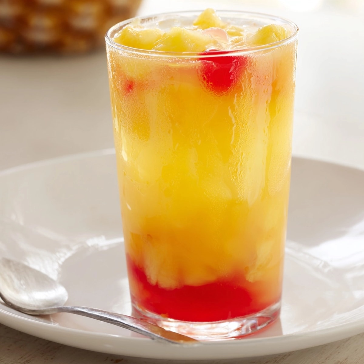 Refreshing Tropical Pineapple Punch: golden juice swirling in a glass with frothy fizz.
