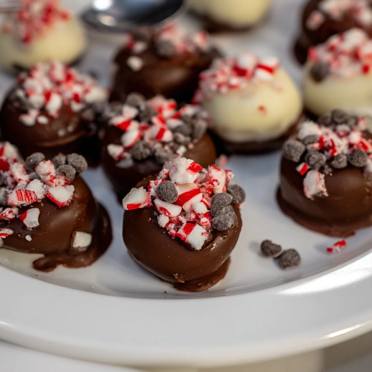 Delightful Charcuterie Board Peppermint Bark Balls coated in rich chocolate and festive peppermint.  