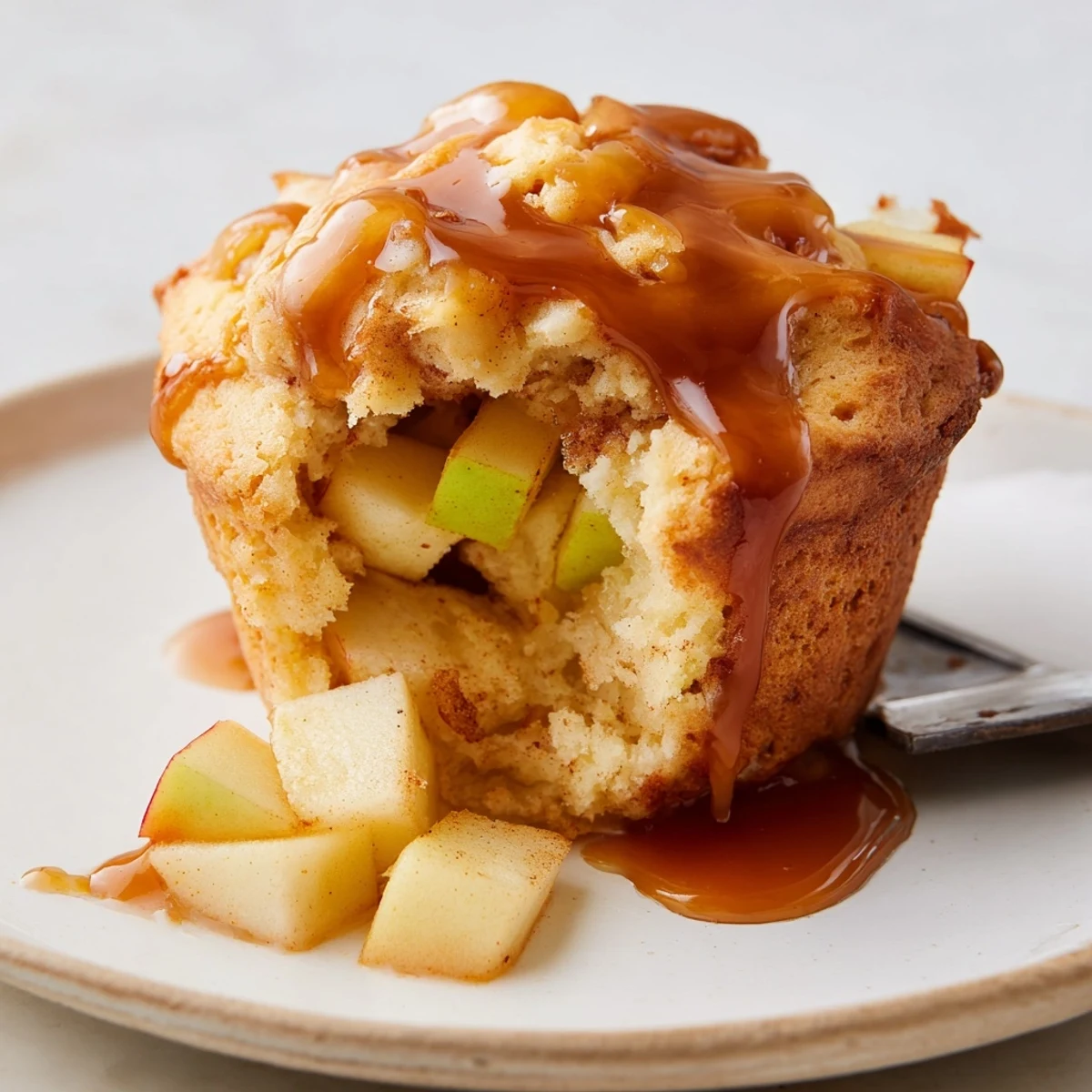 Moist caramel apple sourdough muffins topped with sweet drizzle, perfect for brunch.