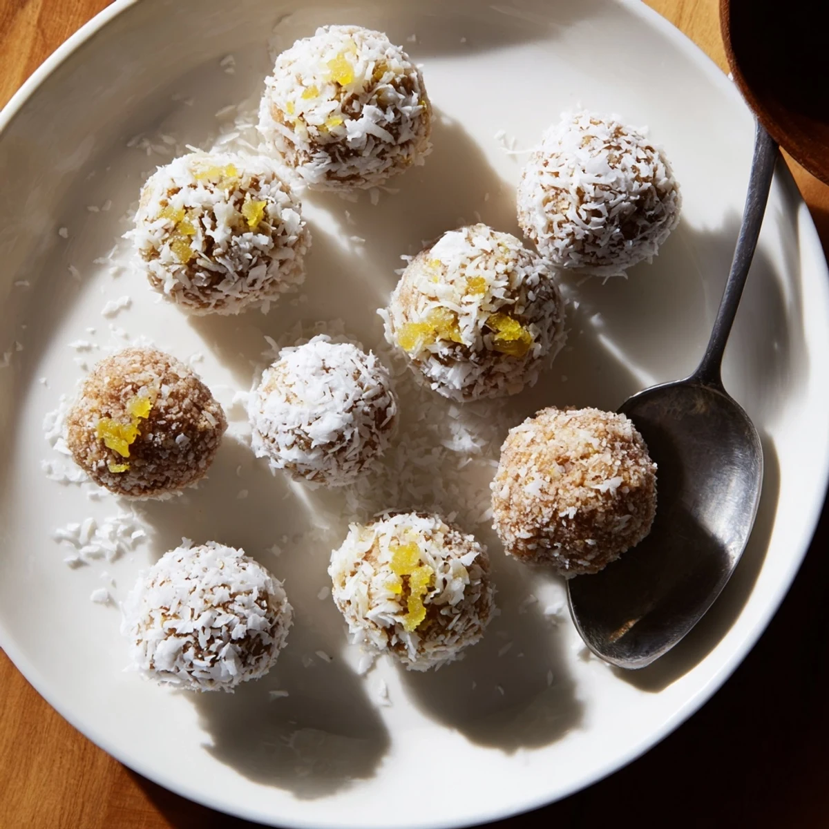 Zesty holiday snack lemon ginger balls rolled in shredded coconut for festive cheer.  