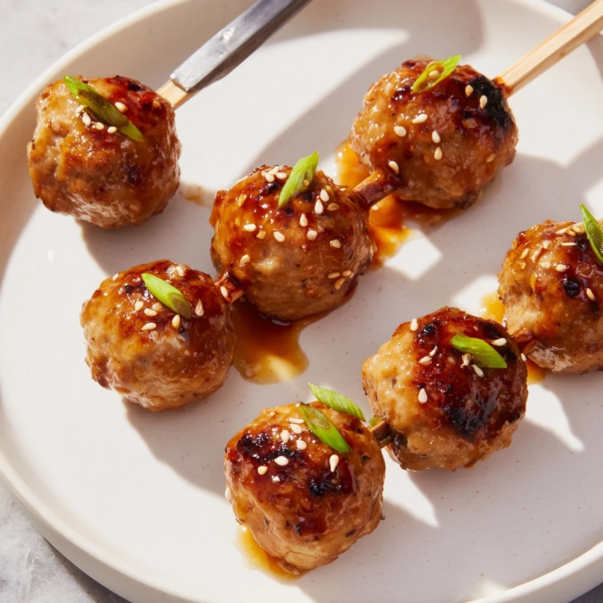 Grilled chicken meatballs on skewers, drizzled with rich yakitori sauce for a delicious bite.  