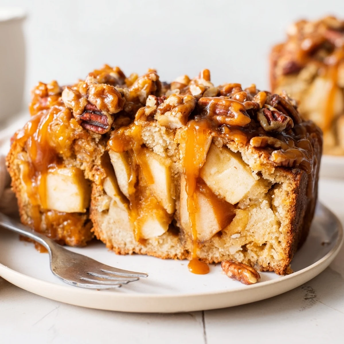 A warm slice of Caramel Apple Cheddar Cookie Loaf drizzled with gooey caramel.  