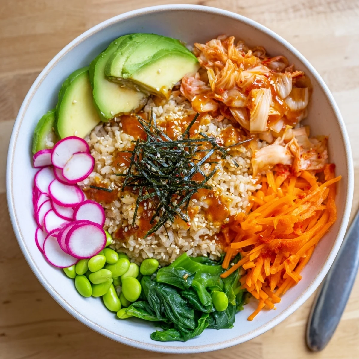 Healthy Fermented Vegetable Bowl featuring hearty grains, kimchi, and an aromatic dressing drizzle.