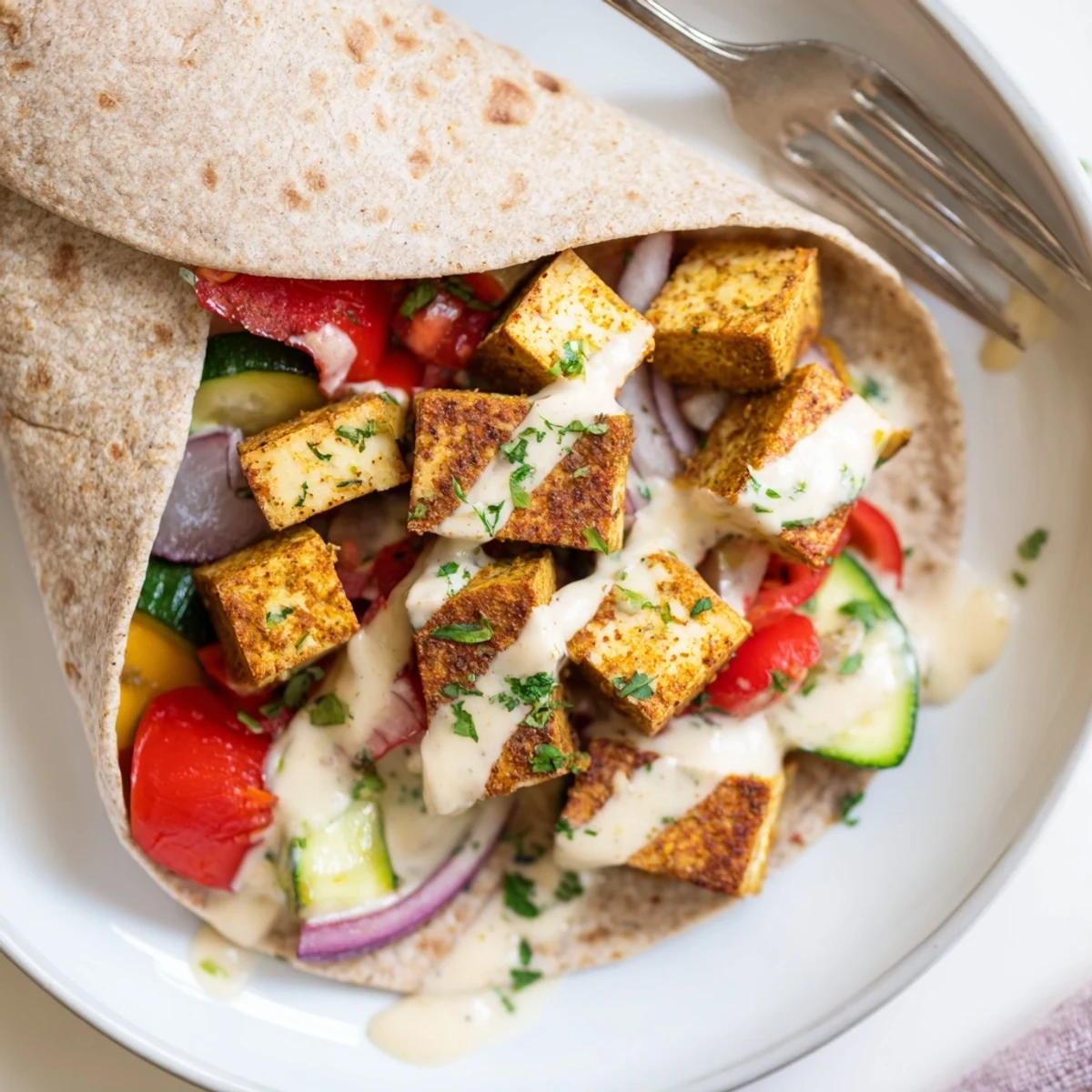 Delicious Vegan Viral Recipe Re-make featuring golden roasted tofu and zesty tahini sauce.