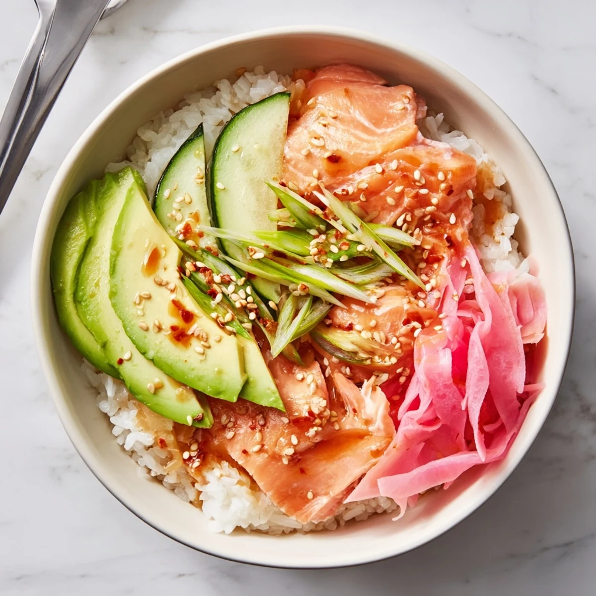Microwave-ready Leftover Salmon & Rice Bowl with vibrant vegetables and savory sauce drizzle