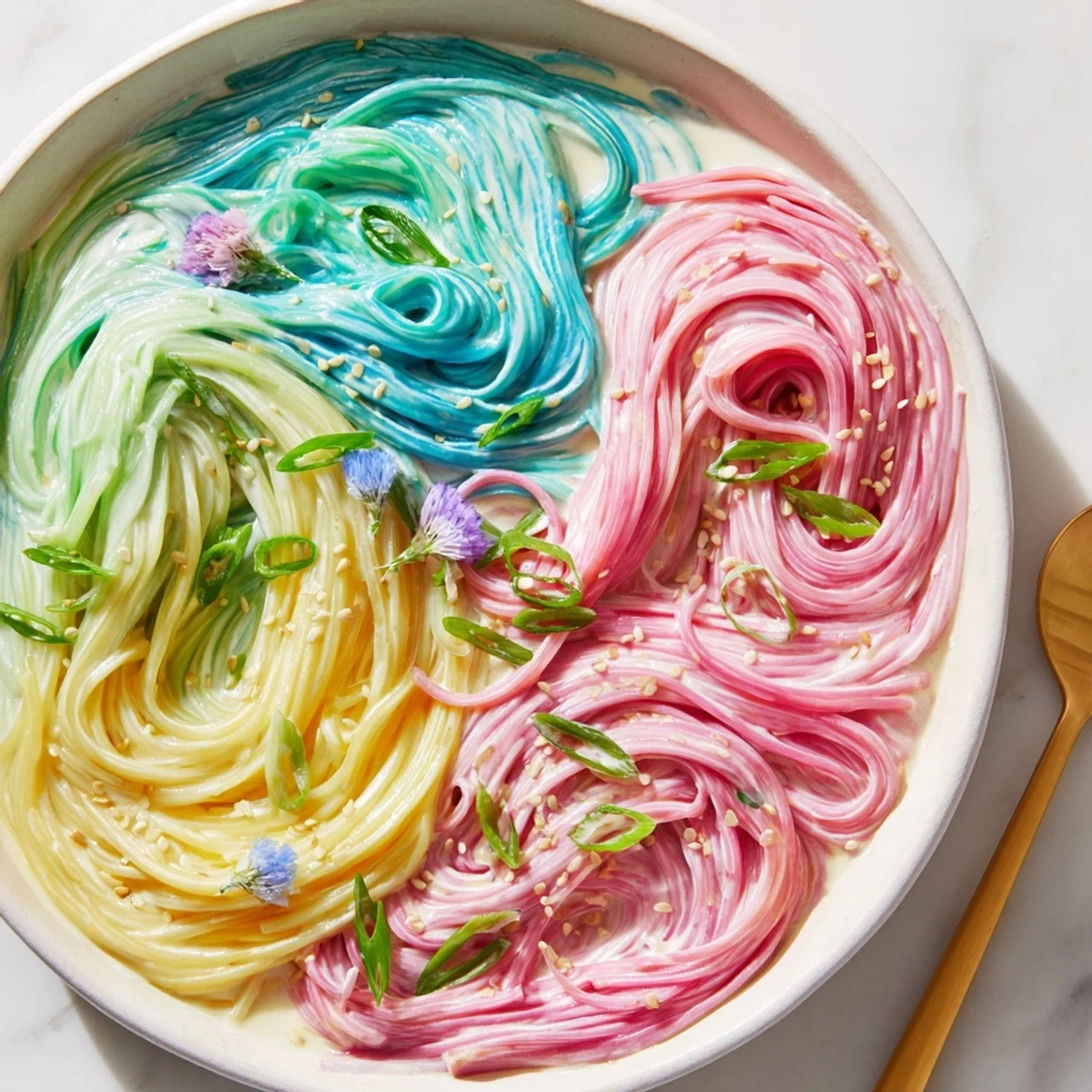 Festive Neon Noodle Cloud recipe topped with sesame seeds and fresh scallions.