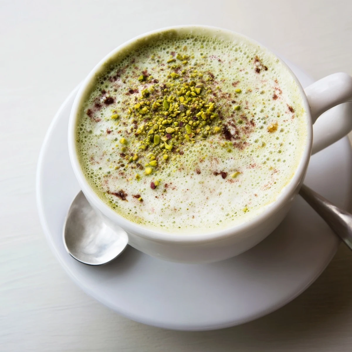Creamy pistachio milk latte topped with crushed pistachios and frothy goodness.  