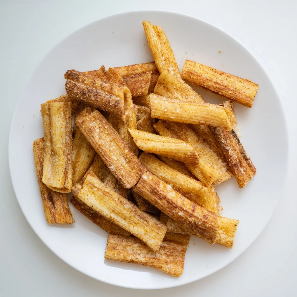 Golden brown pasta chips seasoned variety, perfect for a crunchy snack or appetizer.  