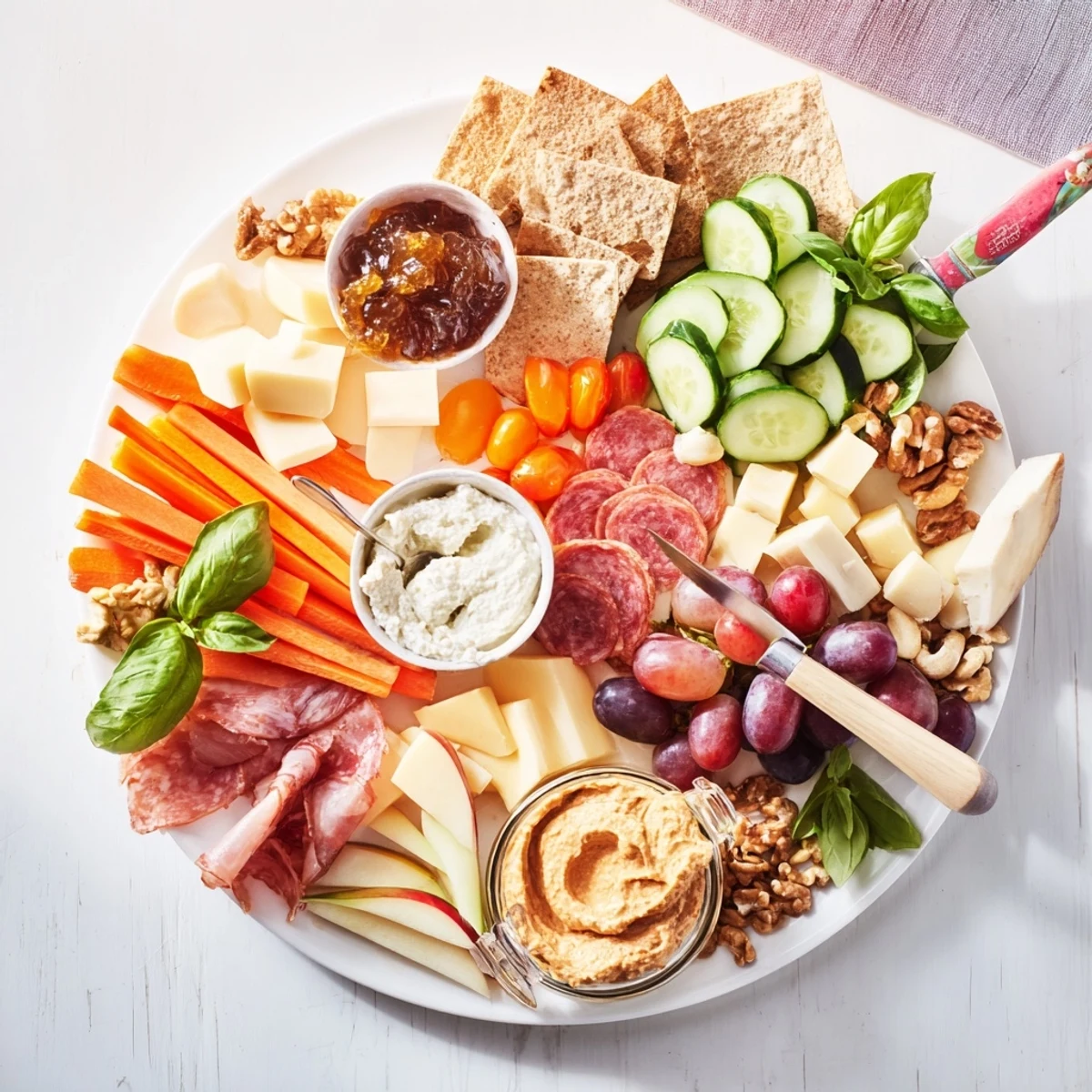 A colorful Girl Dinner Platter showcasing vibrant cheeses, fruits, and crunchy snacks.  