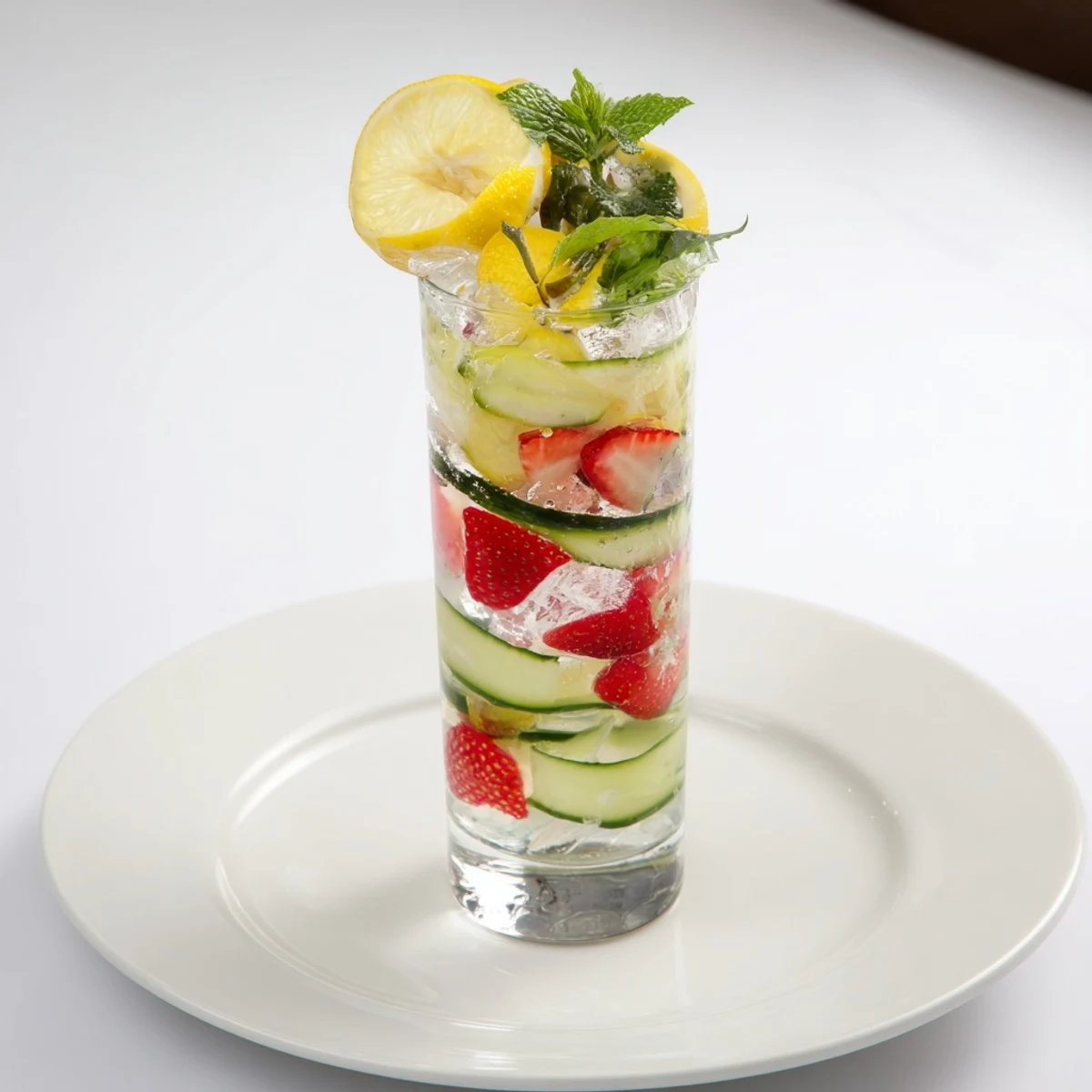 Refreshing water-based mocktails with fresh fruits and mint leaves in glasses.  