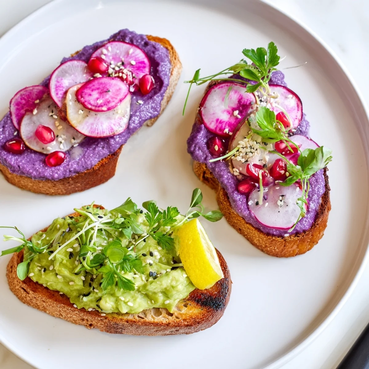 Vibrant Bright & Bold Breakfast Toasts topped with ube spread and fresh avocado slices.  