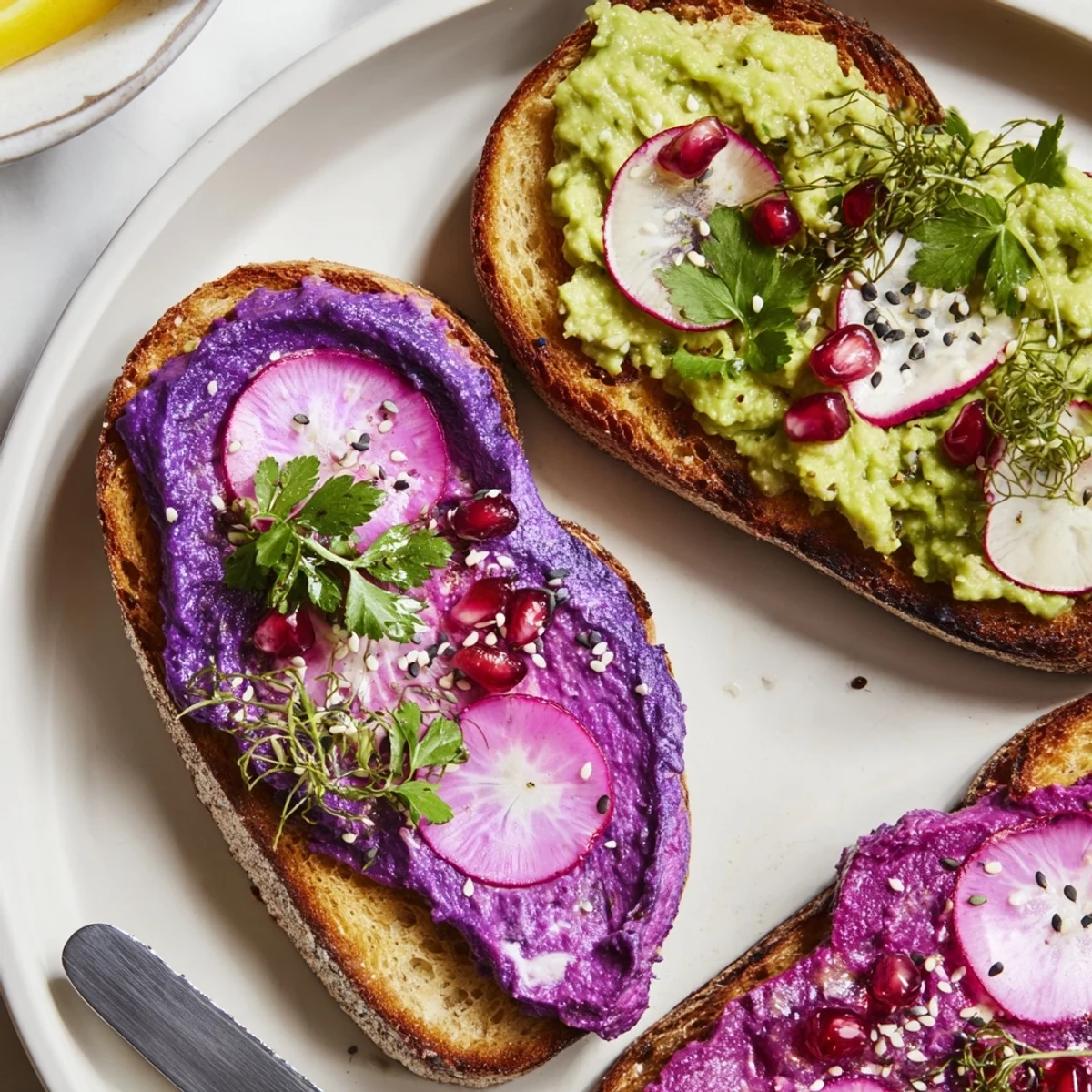 Delicious Bright & Bold Breakfast Toasts adorned with colorful radishes and pomegranate seeds.  