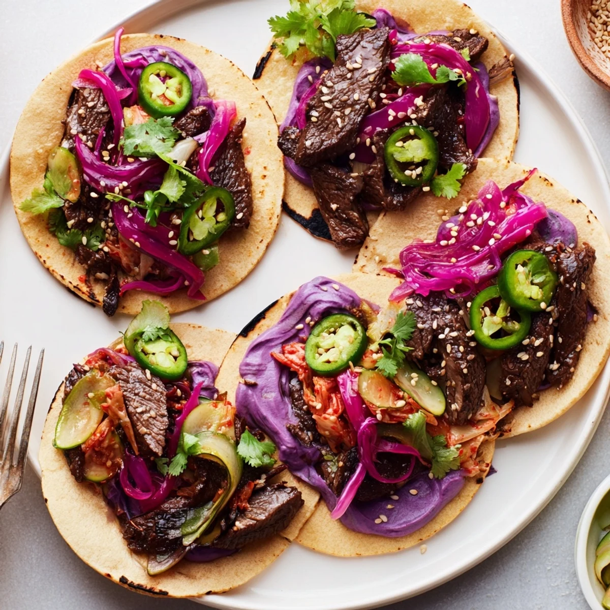 Vibrant Global Street-Food Fusion Tacos topped with ube crema and fresh vegetables.  