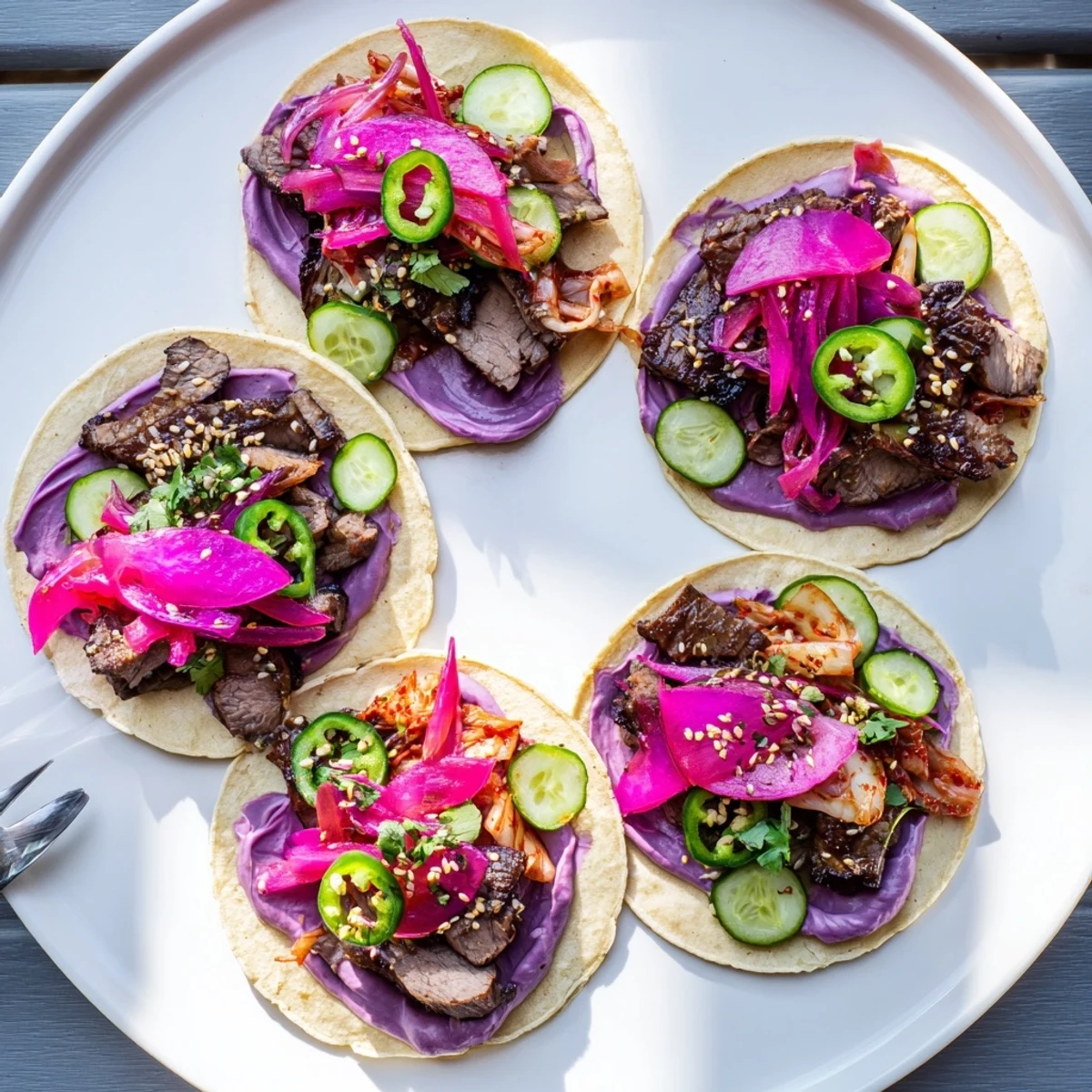 Delicious Korean bulgogi tacos adorned with kimchi, ube crema, and zesty pickled onions.