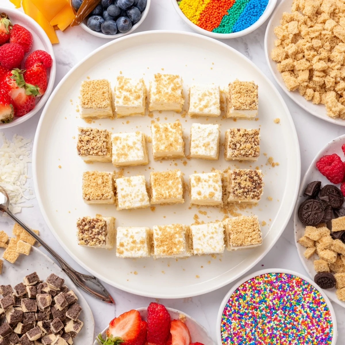 Interactive deconstructed dessert board showcasing cheesecake bites and vibrant drizzle sauces.  
