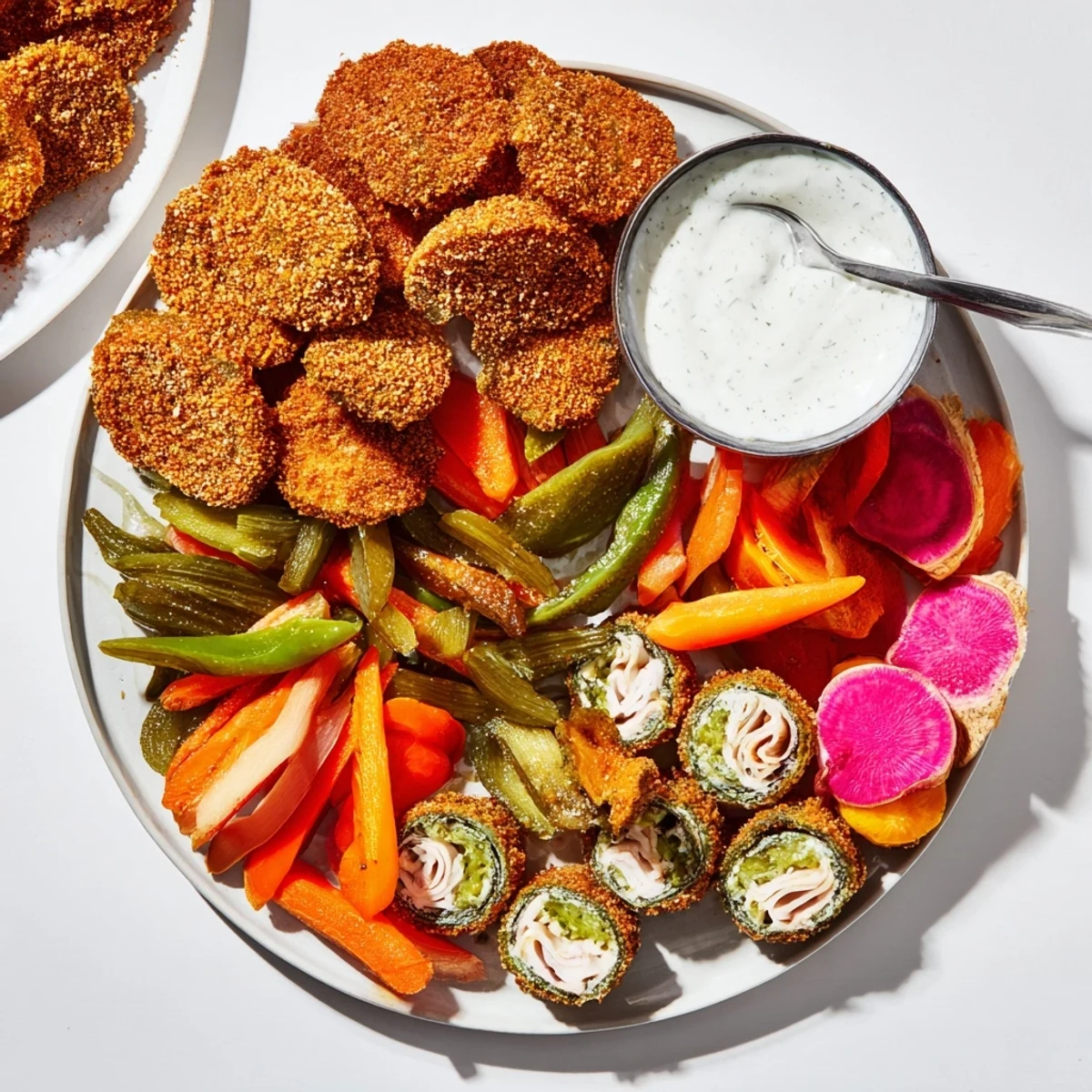 Crispy Fried Pickles make a vibrant appetizer, served with ranch dipping sauce.  