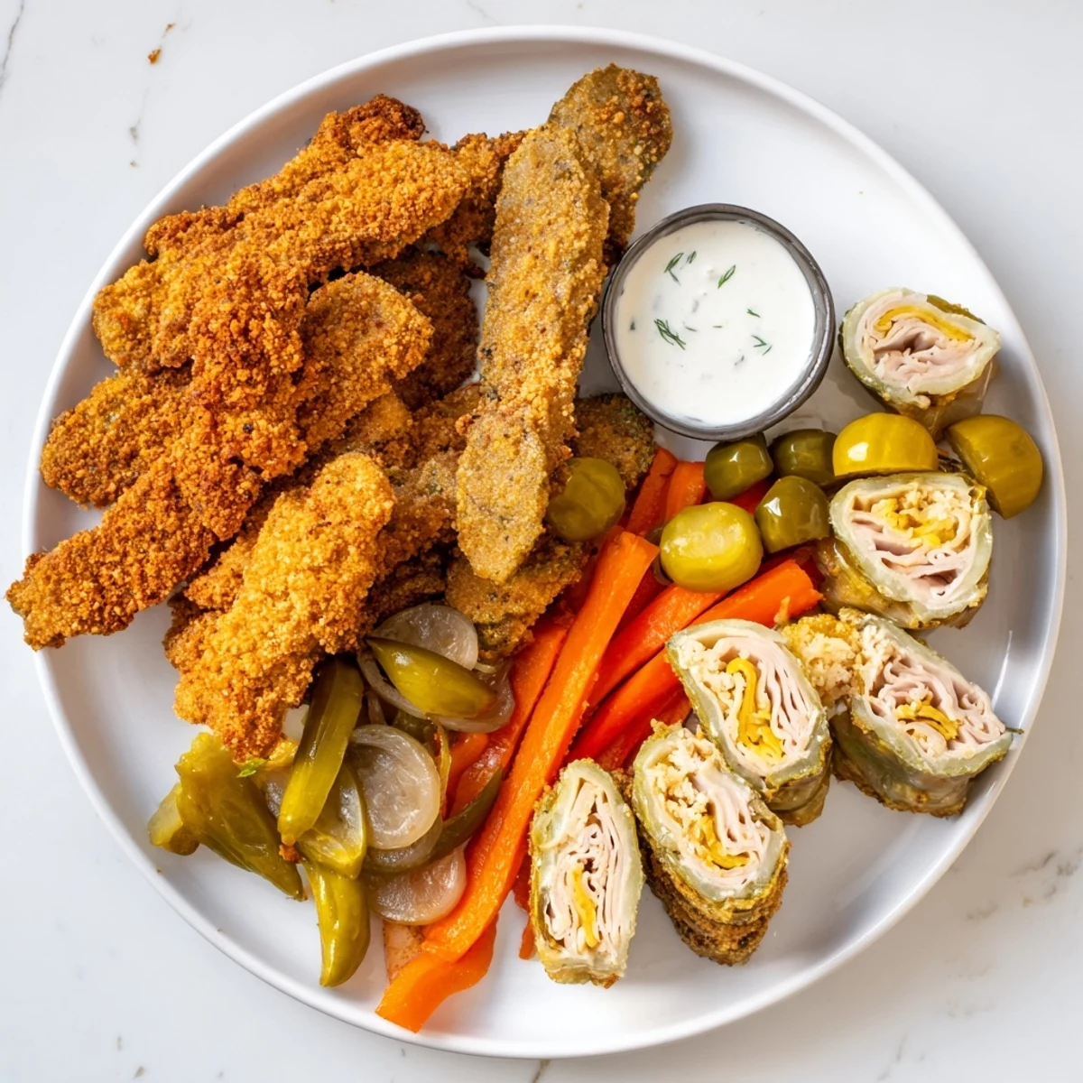 A medley of pickled vegetables complements the tangy Fried Pickles in a delicious spread.  