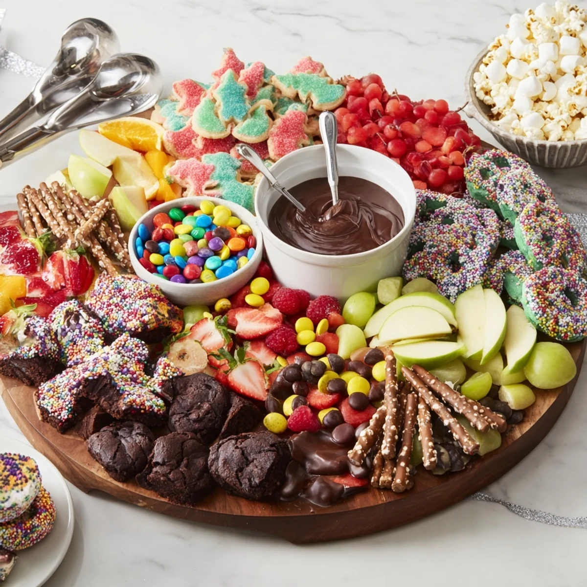 Visually stunning dessert board showcasing cookies, chocolates, and colorful treats.