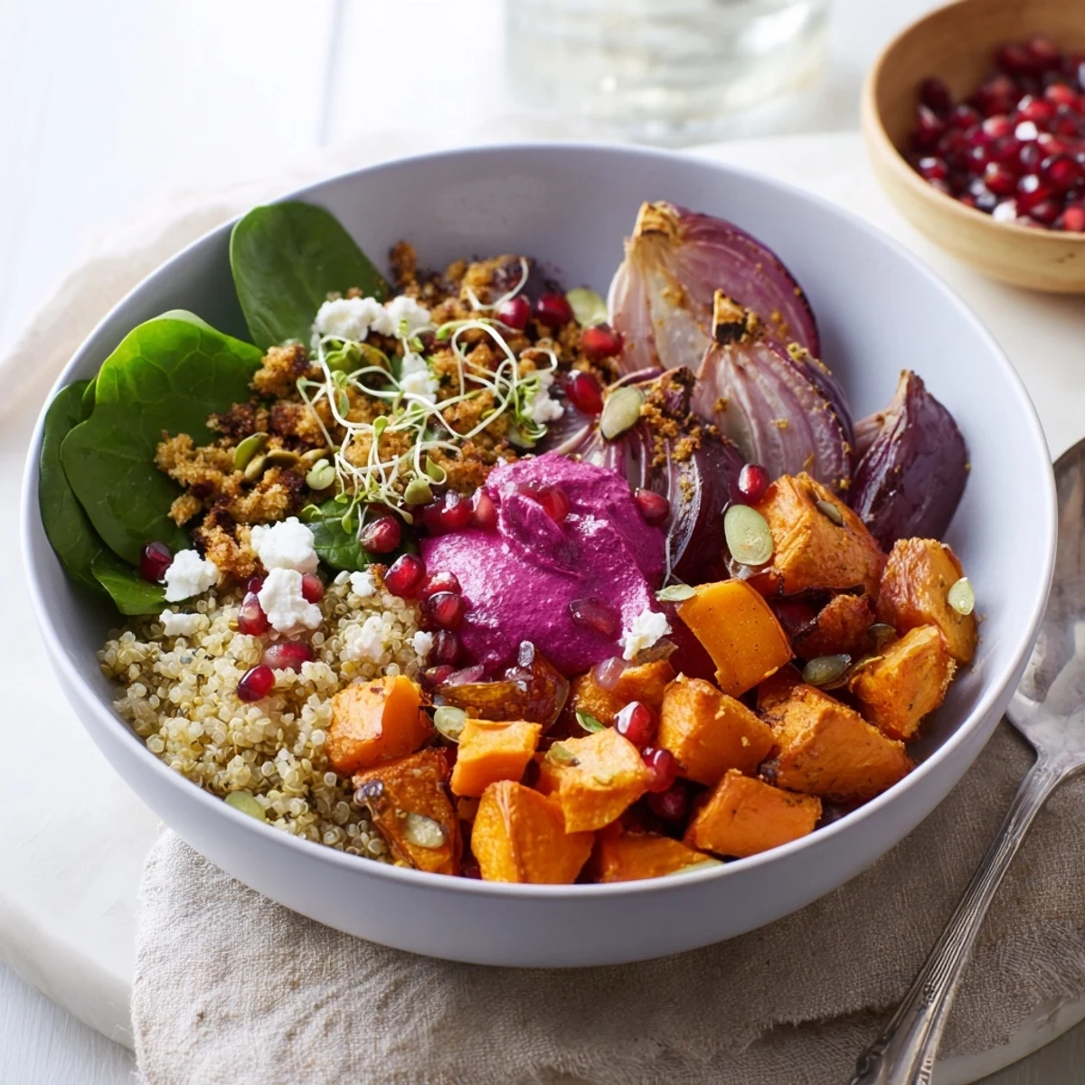 Colorful Spiced Winter Bowls featuring roasted vegetables and bright pomegranate seeds.