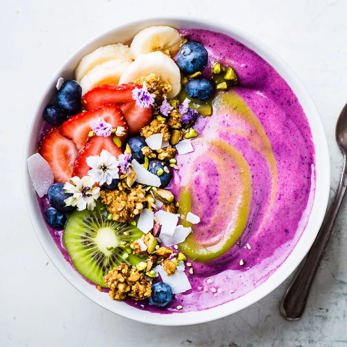Vibrant smoothie bowls with pistachio and purple yam, topped with fresh fruits.