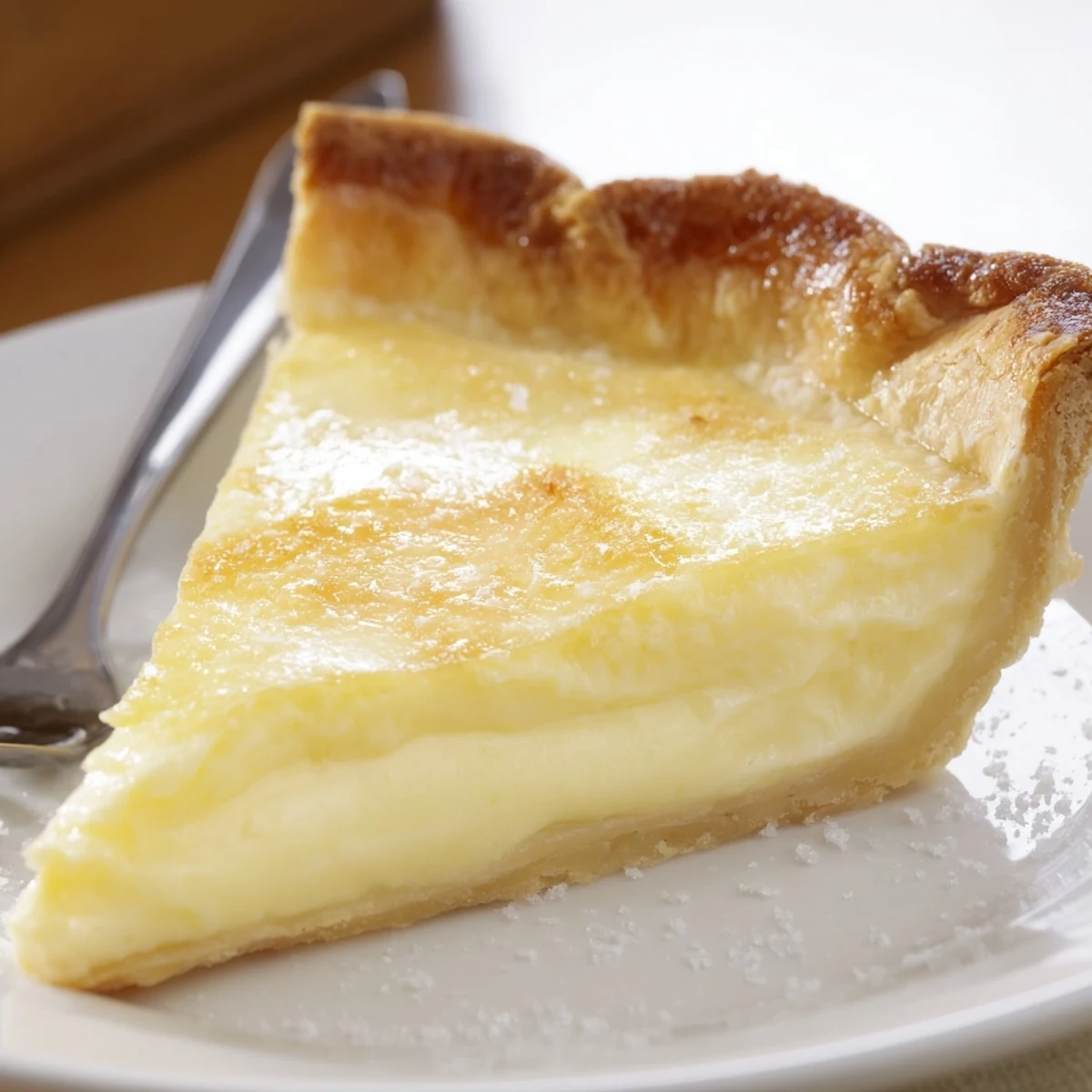 Creamy water pie fresh from the oven, topped with golden buttery crust and vanilla.  