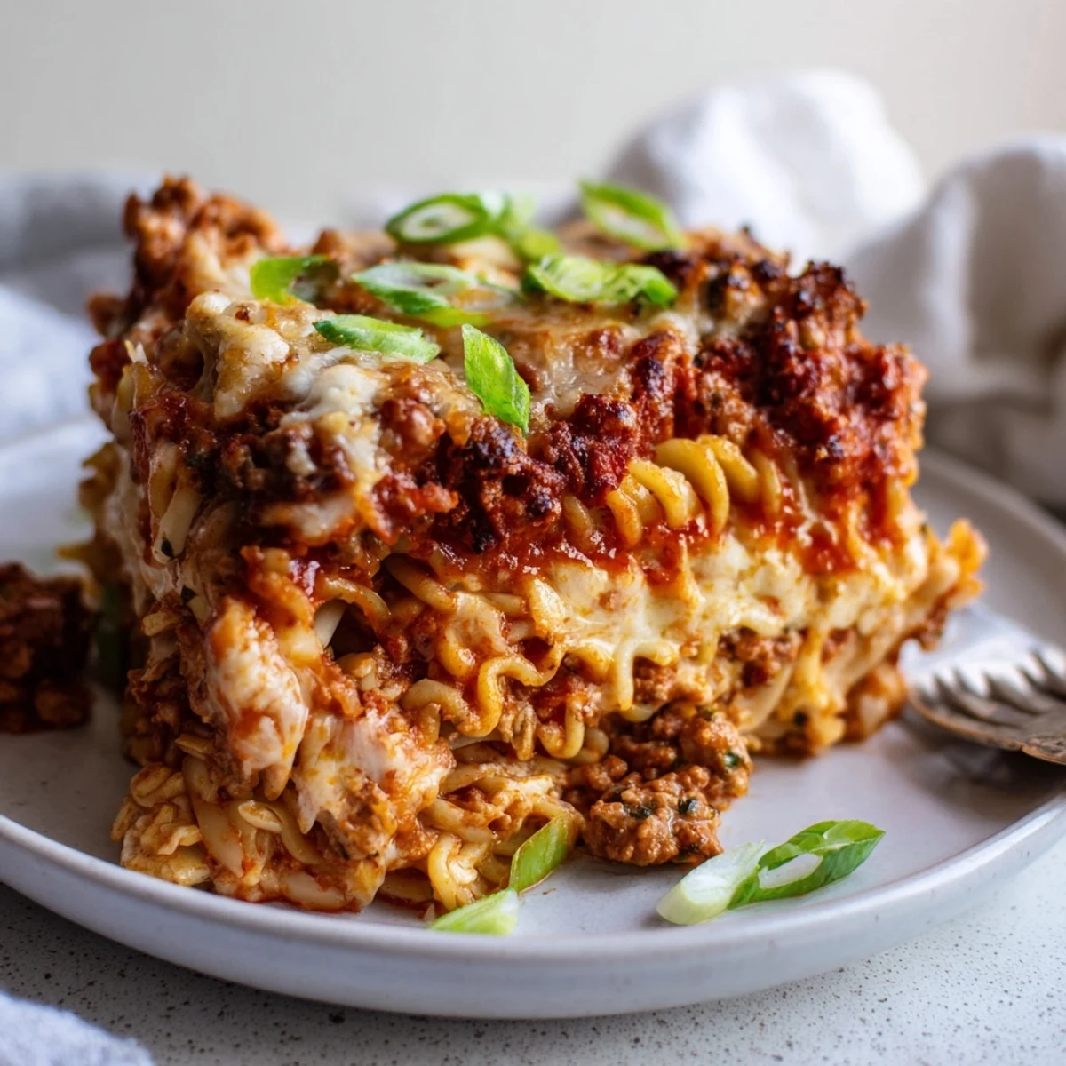 Golden-brown spicy ramen lasagna topped with bubbling mozzarella and flavorful meat sauce  
