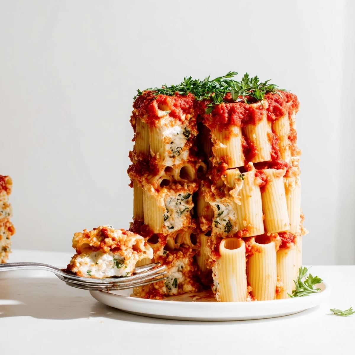 Elegant Honeycomb Pasta Cake with rigatoni standing tall in savory tomato sauce.