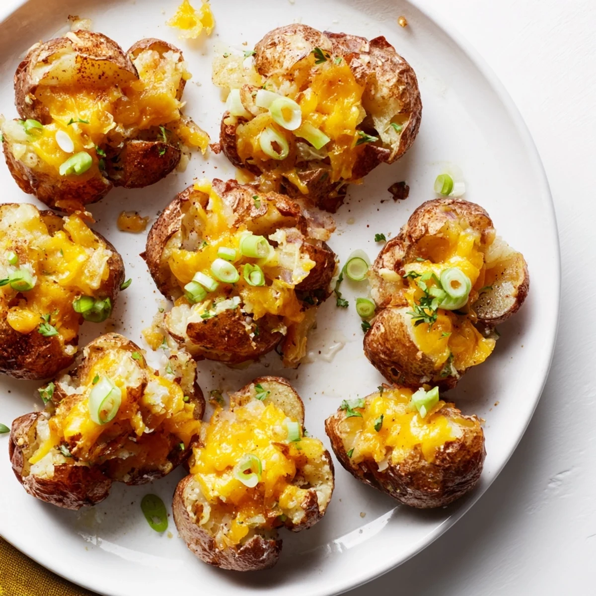 Golden smashed potatoes featuring green onions, perfect as an appetizer or side dish.  