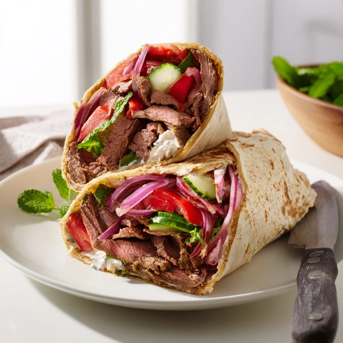 Savory beef shawarma wraps garnished with fresh herbs and zesty yogurt dressing.