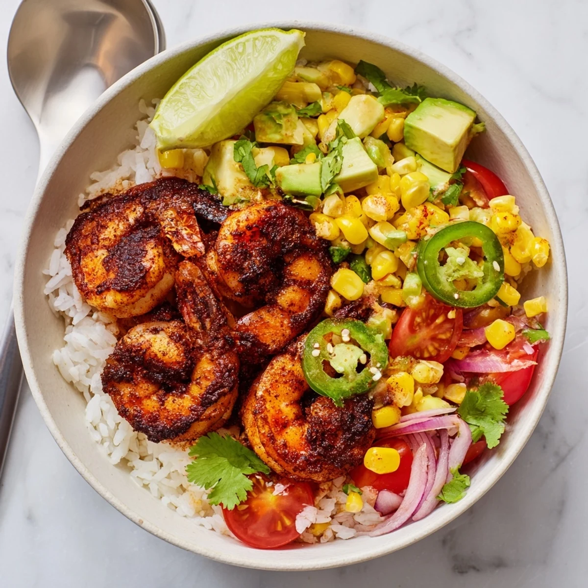 Colorful blackened shrimp bowl served with fresh avocado corn salsa and lime wedges.  