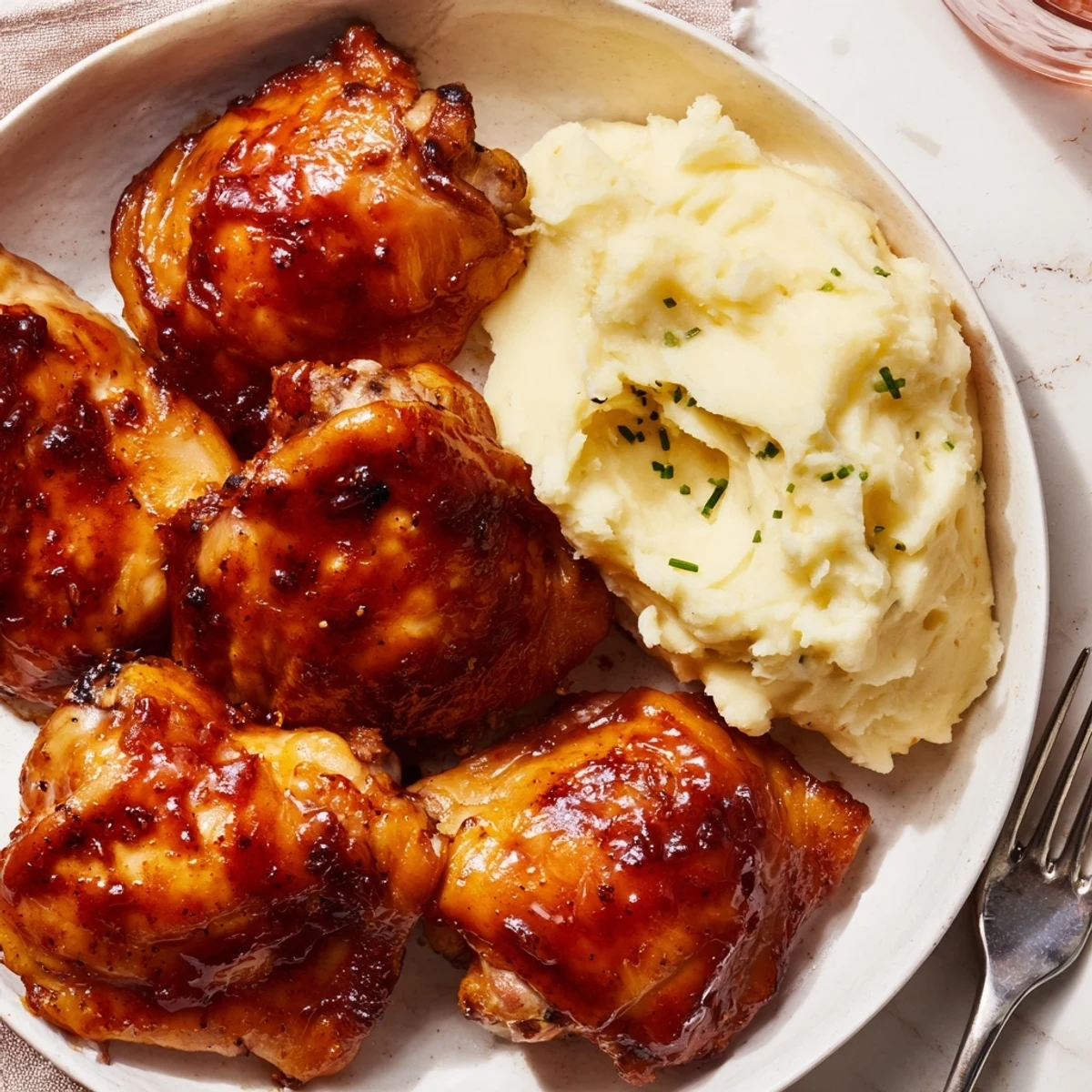Succulent honey BBQ chicken thighs paired with creamy garlic mashed potatoes on a plate.  