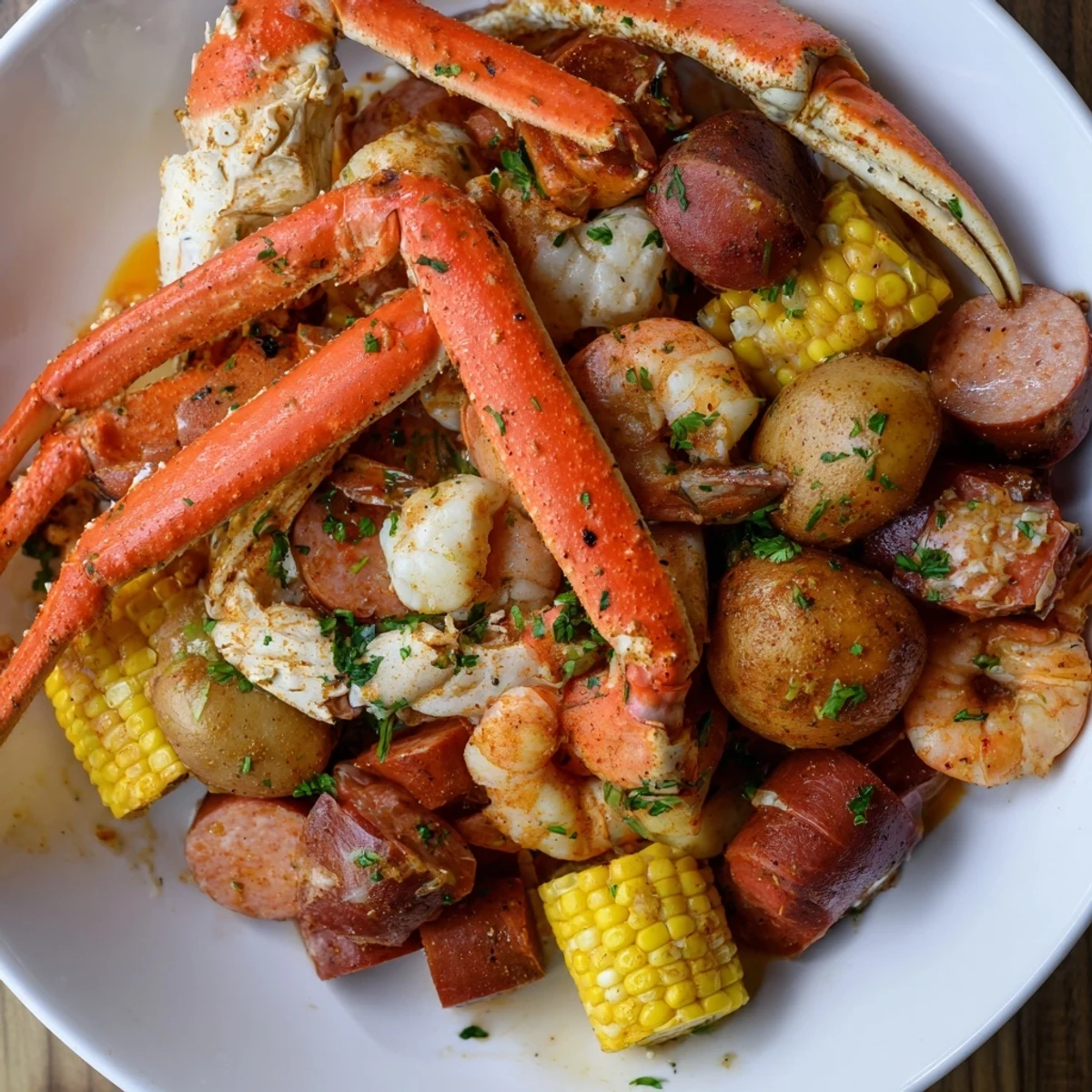Colorful seafood boil featuring crab legs, shrimp, sausage, corn, and potatoes.  
