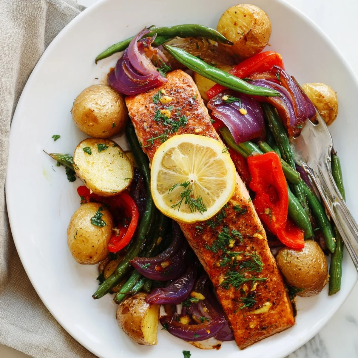 Juicy Lemon Herb Salmon & Potato Sheet Pan bursting with flavor and vibrant colors.  