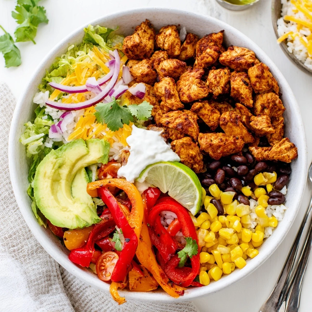 Juicy Sheet Pan Chicken Burrito Bowls topped with fresh avocado and cilantro.  