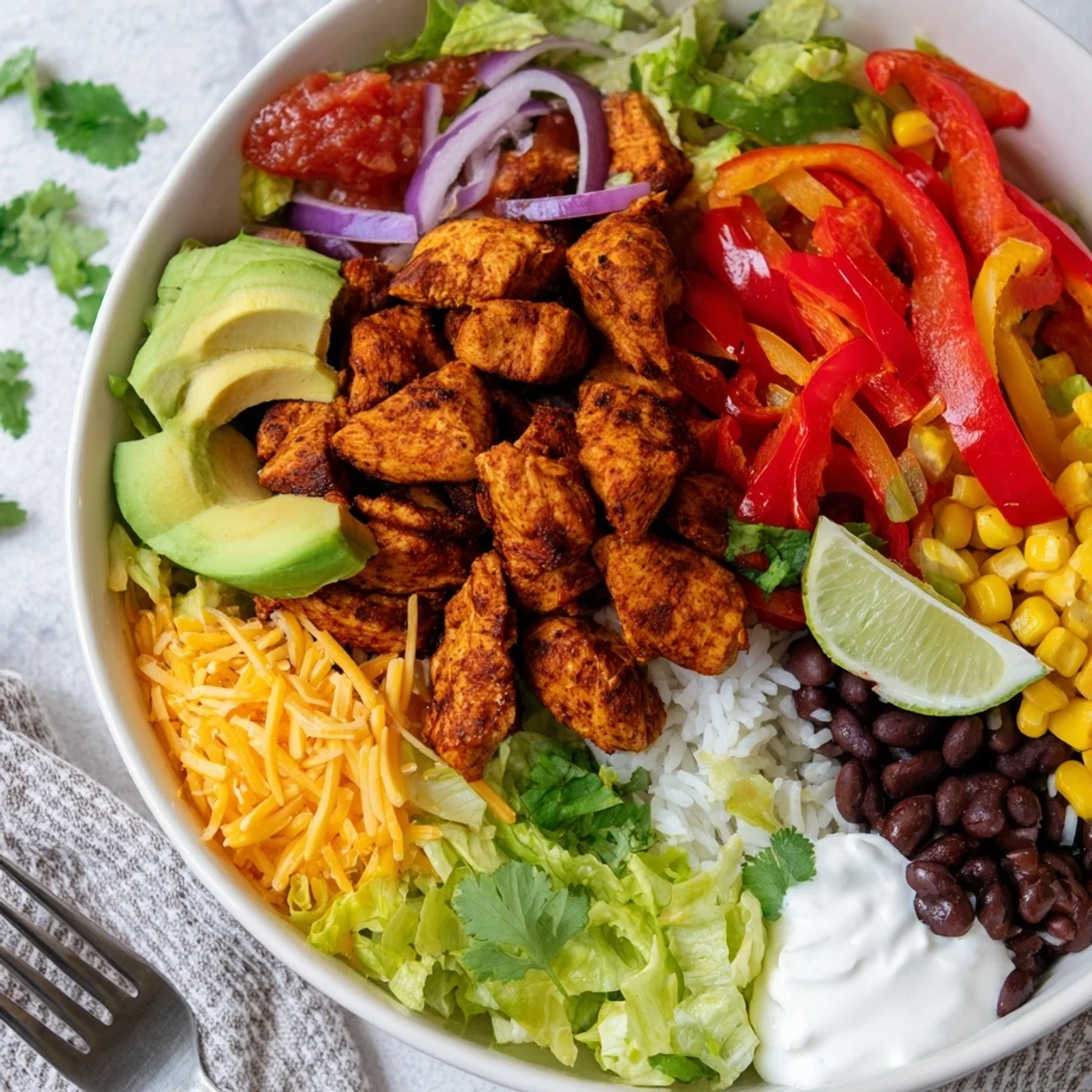 Easy Sheet Pan Chicken Burrito Bowls featuring spiced chicken and colorful toppings.