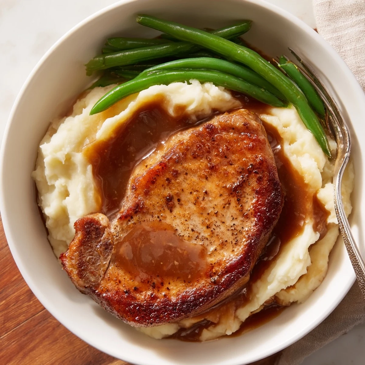 Golden pork chops served with velvety mashed potatoes and rich pan gravy delight.