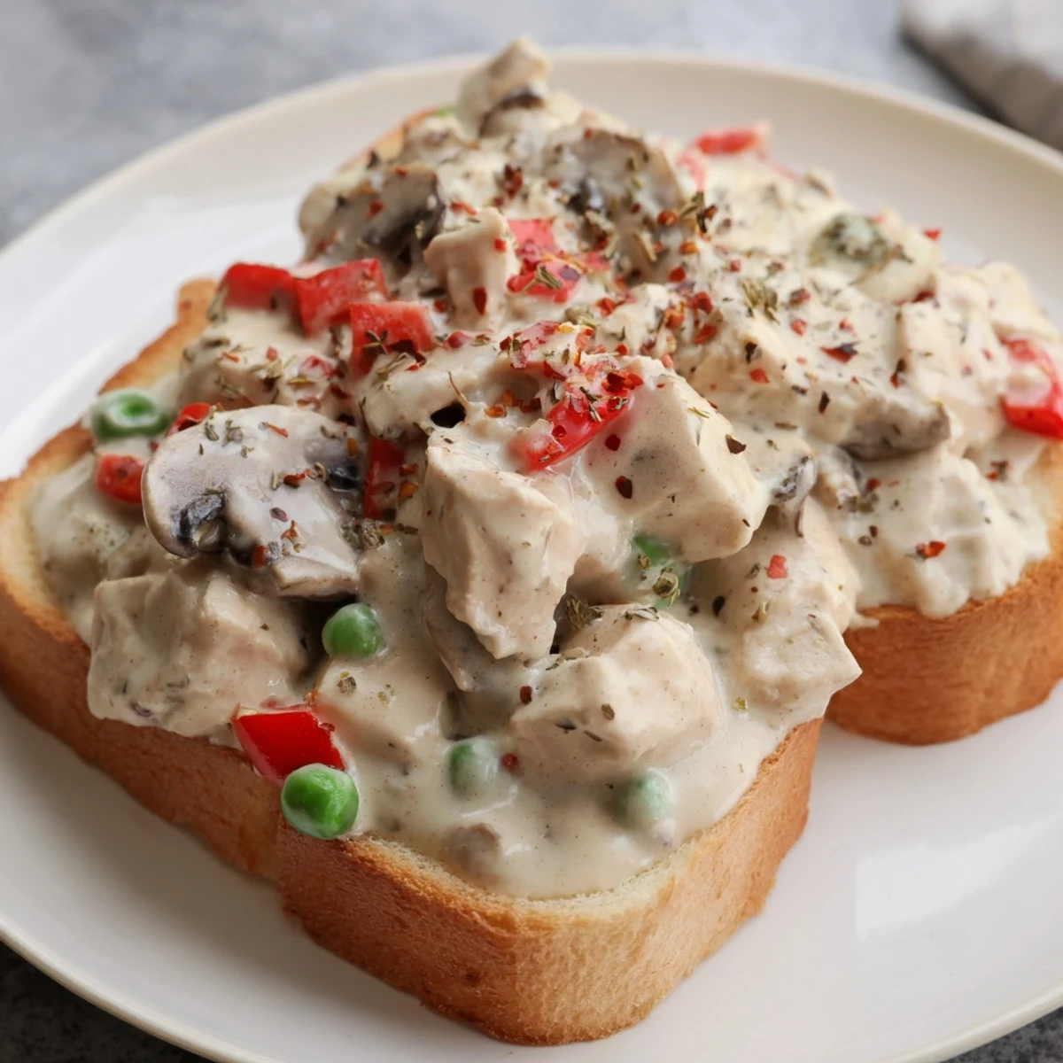 Creamy chicken à la king, a comforting American classic, served atop golden toasted bread.